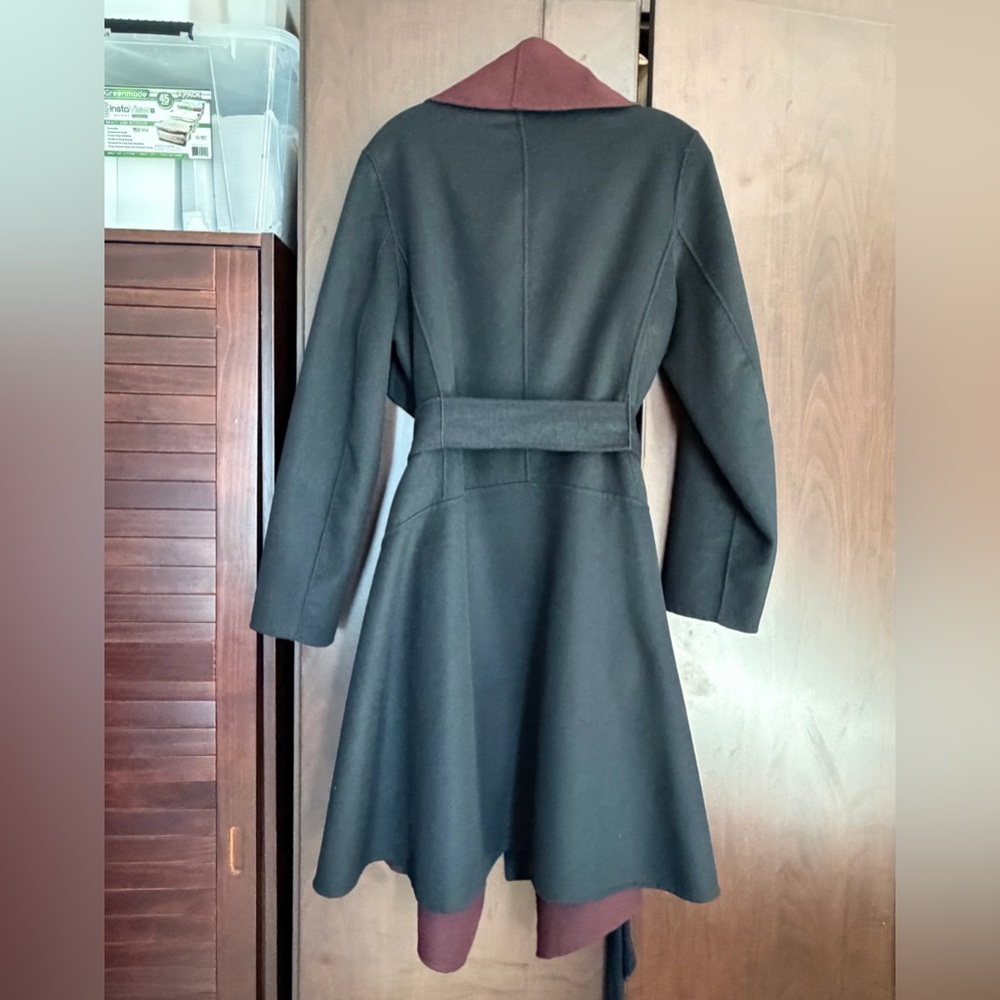 DVF Diane von Furstenberg Jenna Wrap Coat Knee length Black Burgundy Reversible - Picture 4 of 7
